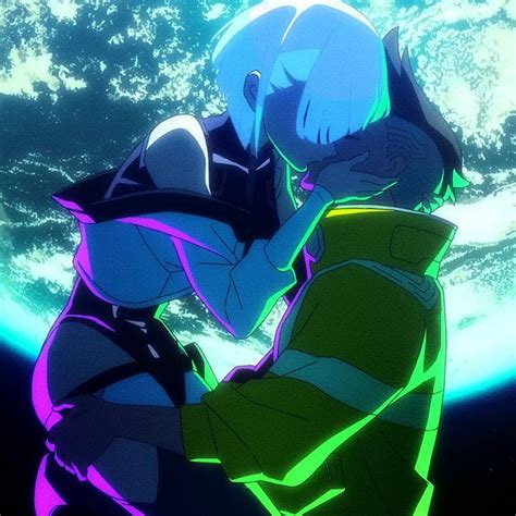 Two Anime Characters Hugging Each Other In Front Of The Earth With