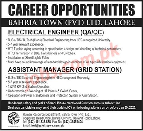 Bahria Town Lahore Jobs For Electrical Engineer And Assistant