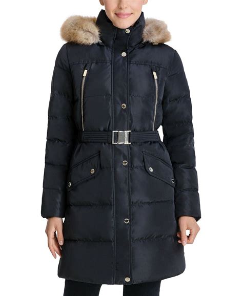 Michael Michael Kors Belted Faux Fur Trim Hooded Down Puffer Coat Size