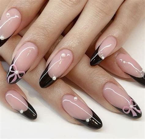 Nails With Bows Black French Tip Pink Bow Pearl Nails Stylish Nails