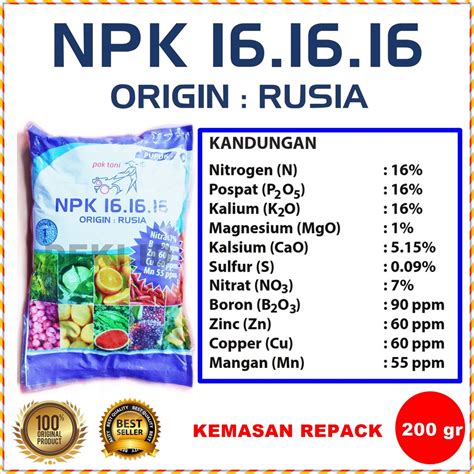 Jual Pupuk NPK Biru Pak Tani 16 16 16 Origin Rusia 200 Gram Kemasan