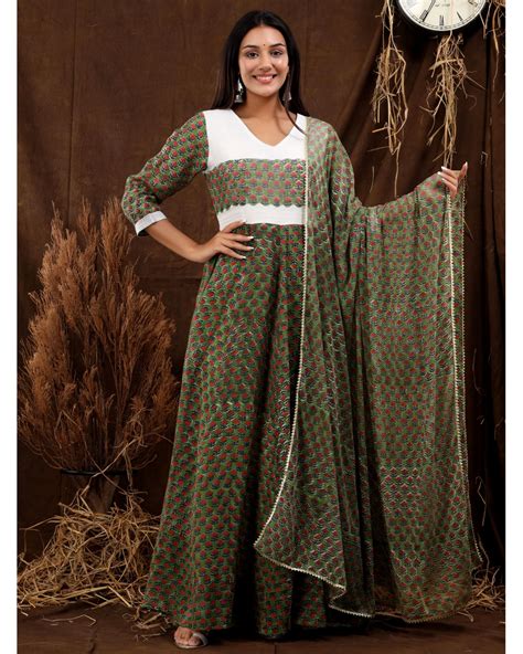 Green And White Floral Block Printed Anarkali Dress With Dupatta Set