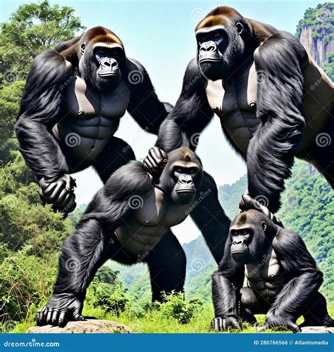 Strong Ai Generated Gorillas In The Jungle Stock Illustration