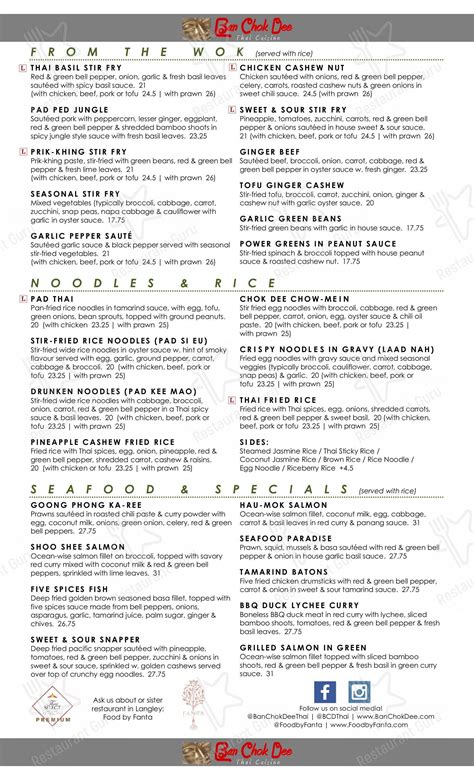 Menu At Ban Chok Dee Thai Cuisine Langley Restaurant Langley Township