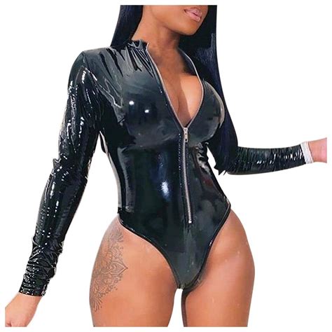 Buy Womens Sexy Faux Leather Bodysuit Long Sleeve Zip Front Wet Look