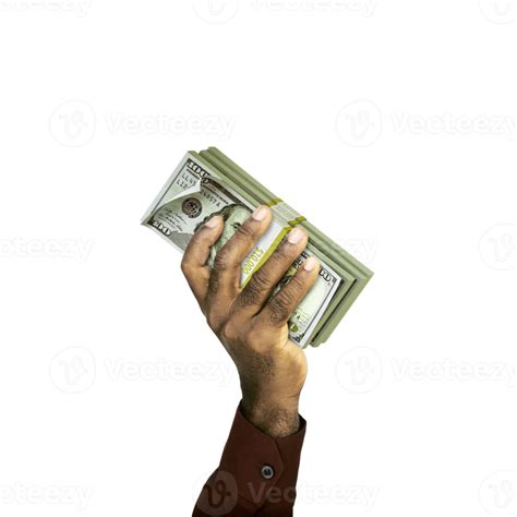 Raised Hand Holding Stacks Of Us Dollar Notes Isolated On Transparent