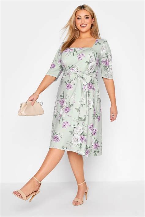 Yours London Plus Size Curve Sage Green Floral Square Neck Dress