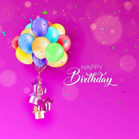 Happy Birthday With Colorful Balloons Gifts And Confetti Vector