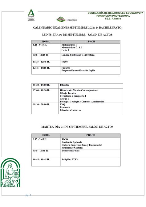 Calendario Ex Menes Extraordinarios De Septiembre Bachillerato Ies