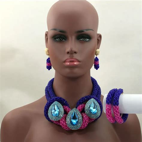 Luxury Royal Blue Pink African Beaded Jewelry Set Nigerian Wedding