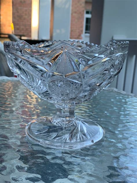 Vintage Cut Glass Pedestal Bowl Candy Dish With Hobstar Design Etsy