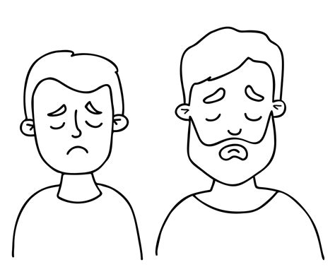 Sad male portraits faces of father and son. Vector Outline drawings ...