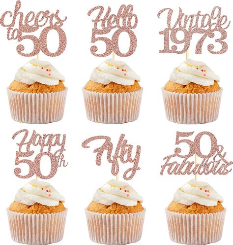 30 Pcs Rose Gold Glitter 50th Birthday Cupcake Toppers