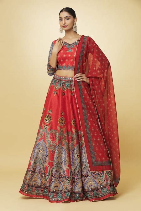 Buy Multi Color Lehenga Raw Silk Digital Printed Mughal Floral V Neck