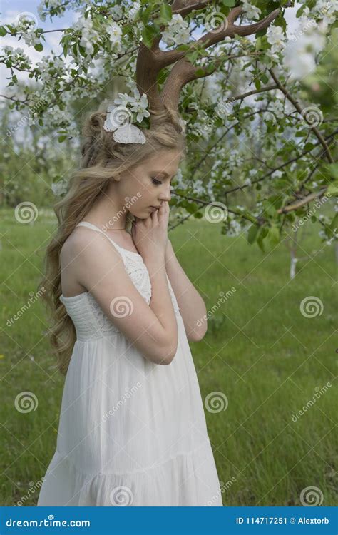 Teen Beautiful Blonde Girl Wearing White Dress With Deer Horns O Stock Image Image Of Flower