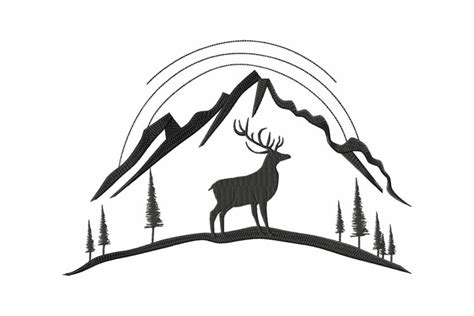 Deer And Mountain Scene Embroidery Design For Machine