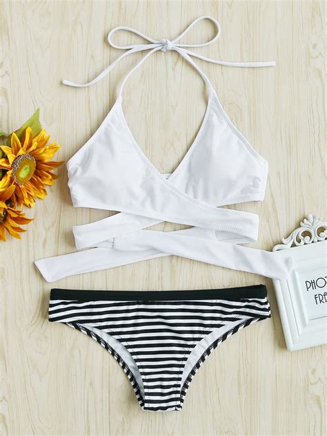 Striped Cross Wrap Self Tie Bikini Set SheIn Sheinside