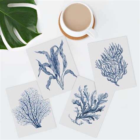 Pixonsign Frameless Wall Art Blue Marine Plants Set Of Sea Botanical