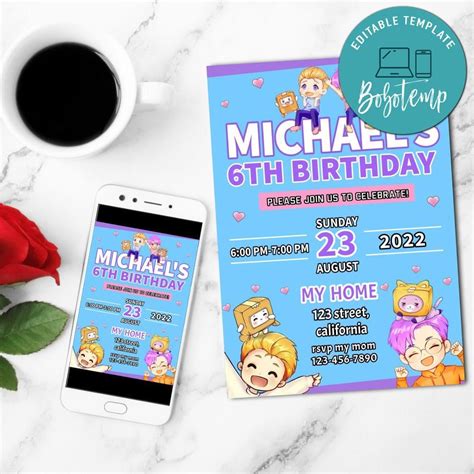 Lankybox Justin Adam Birthday Invitation Customizable Template Bobotemp