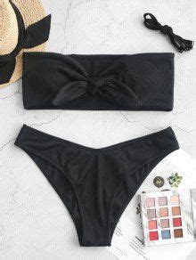 Zaful Textured Ribbed Knot Bandeau Bikini Swimsuit In Black Zaful