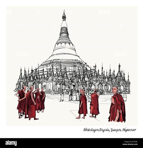 Yangon Myanmar View Of Shwedagon Pagoda Vector Illustration Stock