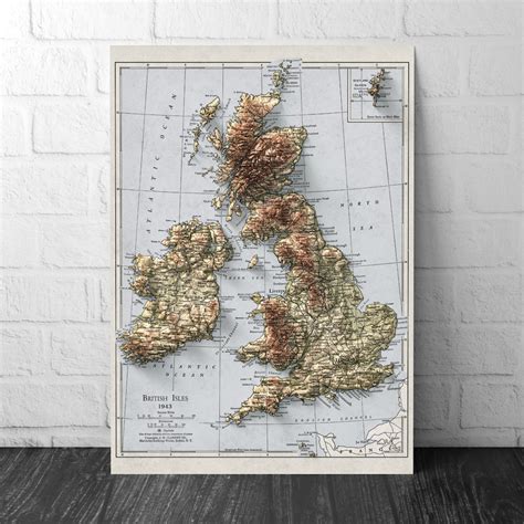 British Isles Map 1943 2D Shaded Relief United Kingdom England Ireland