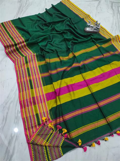 Dark Green Manipuri Pattern Pure Cotton Handloom Saree Loomfolks