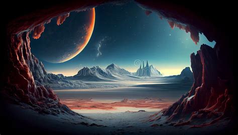 Futuristic Fantasy Landscape Sci Fi Landscape With Planet Neon Light Cold Planet Galaxy