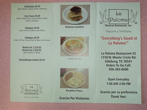 Menu At La Paloma Restaurant Edinburg W Monte Cristo Rd
