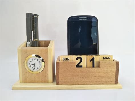 LNIM Wooden Pen Stand With Clock And Calendar Wooden Card Holder Wooden