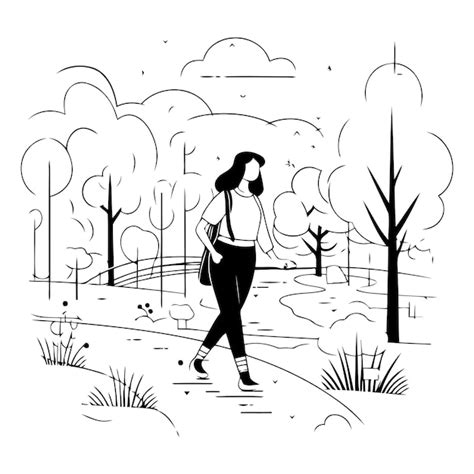 Mujer Joven Caminando En El Parque En Estilo Plano Vector Premium