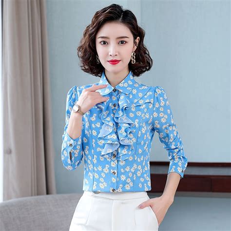 Mais Tamanho Elegante Rufos Elegantes Camisa Floral Mola Nova Moda