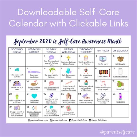 Free downloadable self-care calendar for September 2020 — Parent Self Care