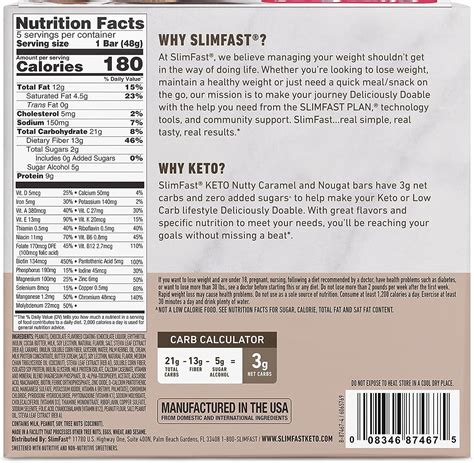 SlimFast Low Carb Keto Caramel Nut Bar 5 Count Box 9g Protein