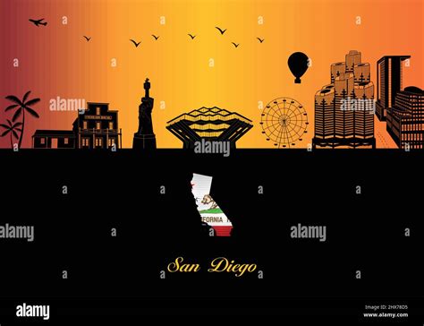 San Diego City Skyline Silhouette Illustration Town In Orange