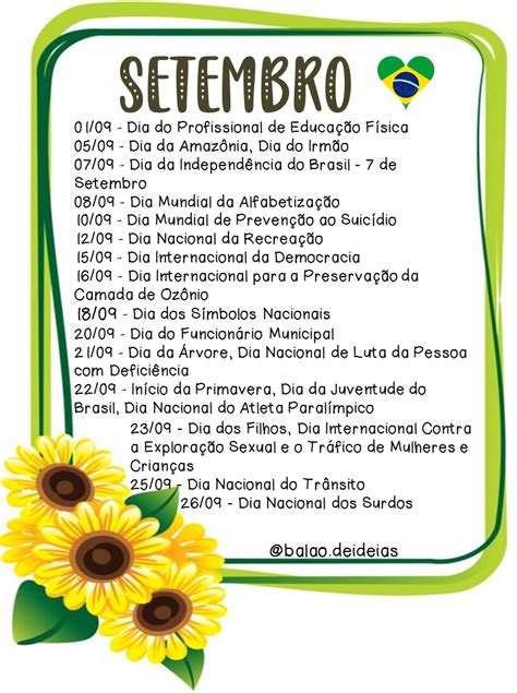 Datas Comemorativas De Setembro Balão De Ideias