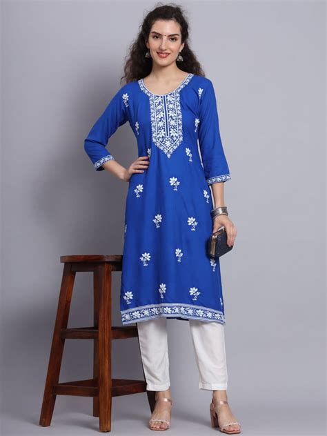 Formal Wear Rayon Chickenkari Work Only Kurti Blue Ethnicgarment