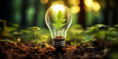 Vibrant Green Sprout Growing Inside A Light Bulb In A Sunlit Forest