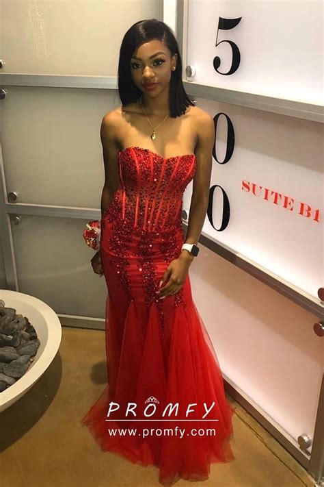 Strapless Sweetheart Beaded Corset Red Prom Dress Promfy