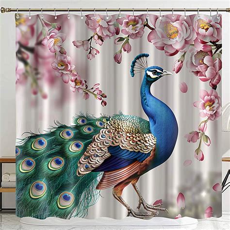 Hyper Realistic Peacock And Cherry Blossom Floral Shower Curtain