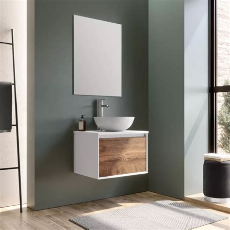 Mobile Bagno Sospeso 60cm Bianco E Noce Nativo Per Lavabo D Appoggio