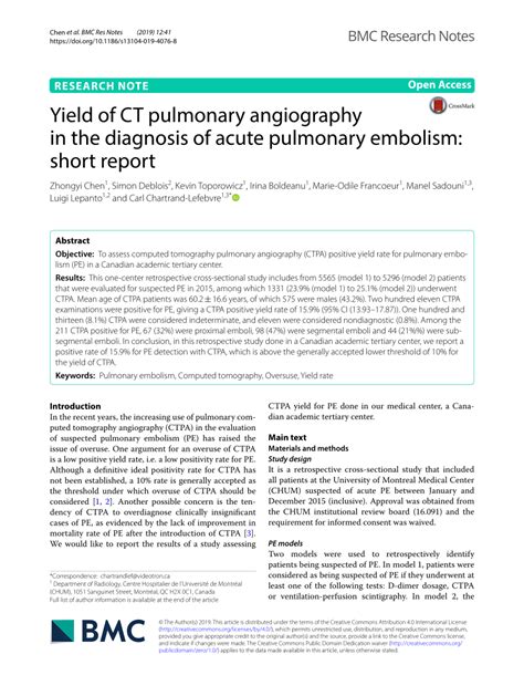 Pdf Yield Of Ct Pulmonary Angiography In The Diagnosis Of Acute