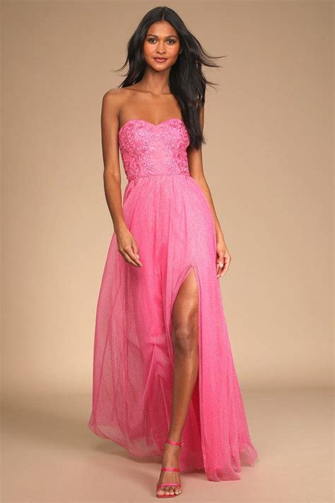 Midnight Dreamer Pink Embroidered Strapless Maxi Dress