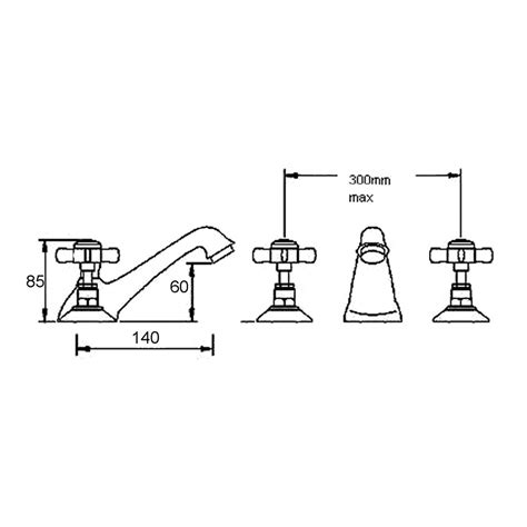 Nuie Beaumont Chrome Crosshead Deck Mounted 3 Hole Basin Mixer Tap With