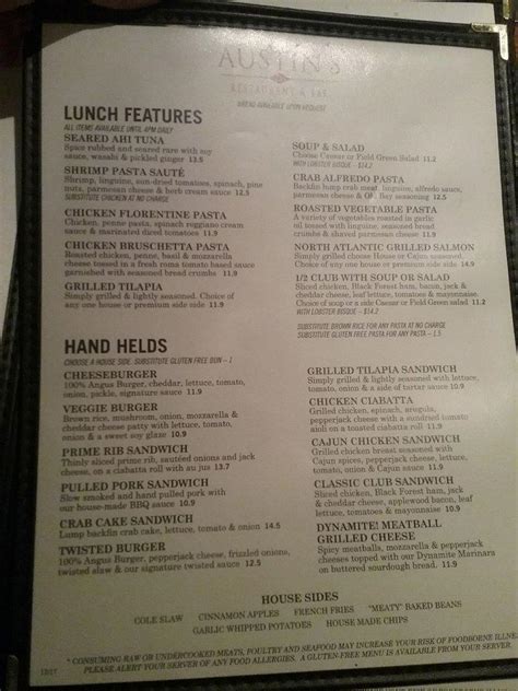 Menu at Austin's Restaurant & Bar, West Lawn