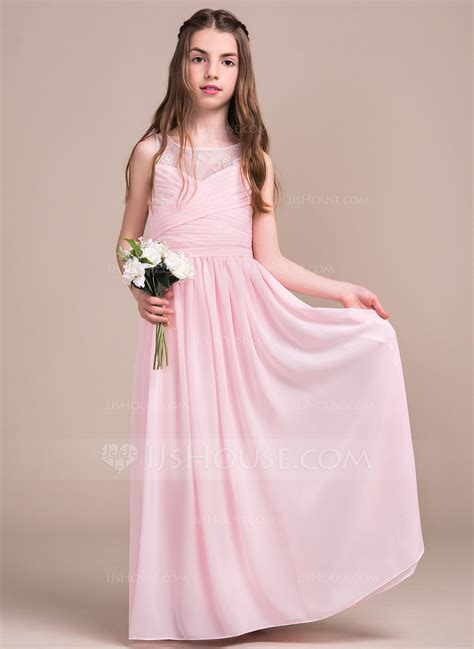 A Line Princess Floor Length Flower Girl Dress Chiffon Lace