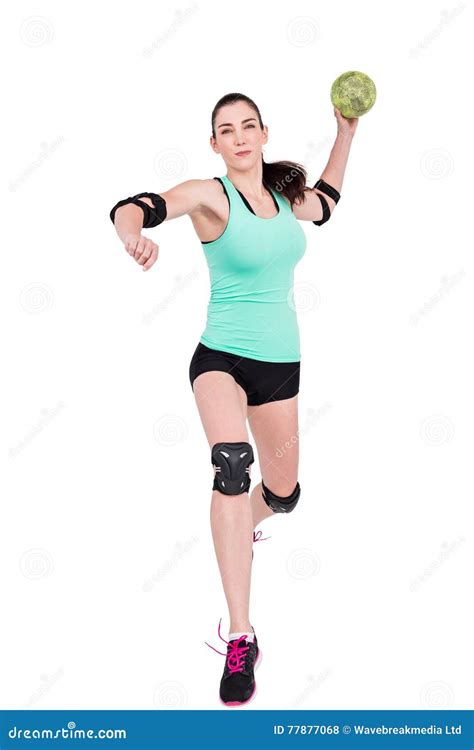 Female Athlete With Elbow Pad Throwing Handball Stock Photo Image Of