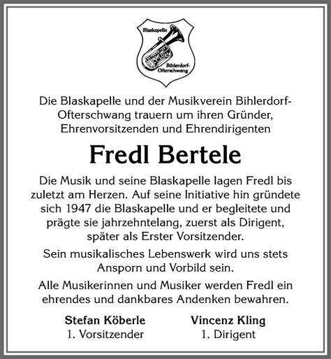 Traueranzeigen Von Fredl Bertele Augsburger Allgemeine Zeitung