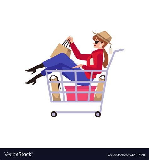 Woman happy shopper sitting in shopping cart flat Vector Image