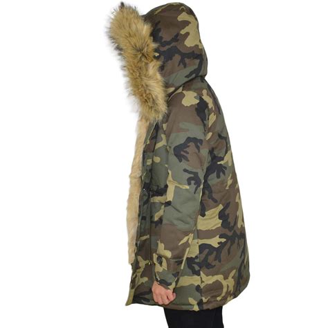 Parka Giacca Donna Invernale Mimetico Camouflage Verde Con Pelliccia